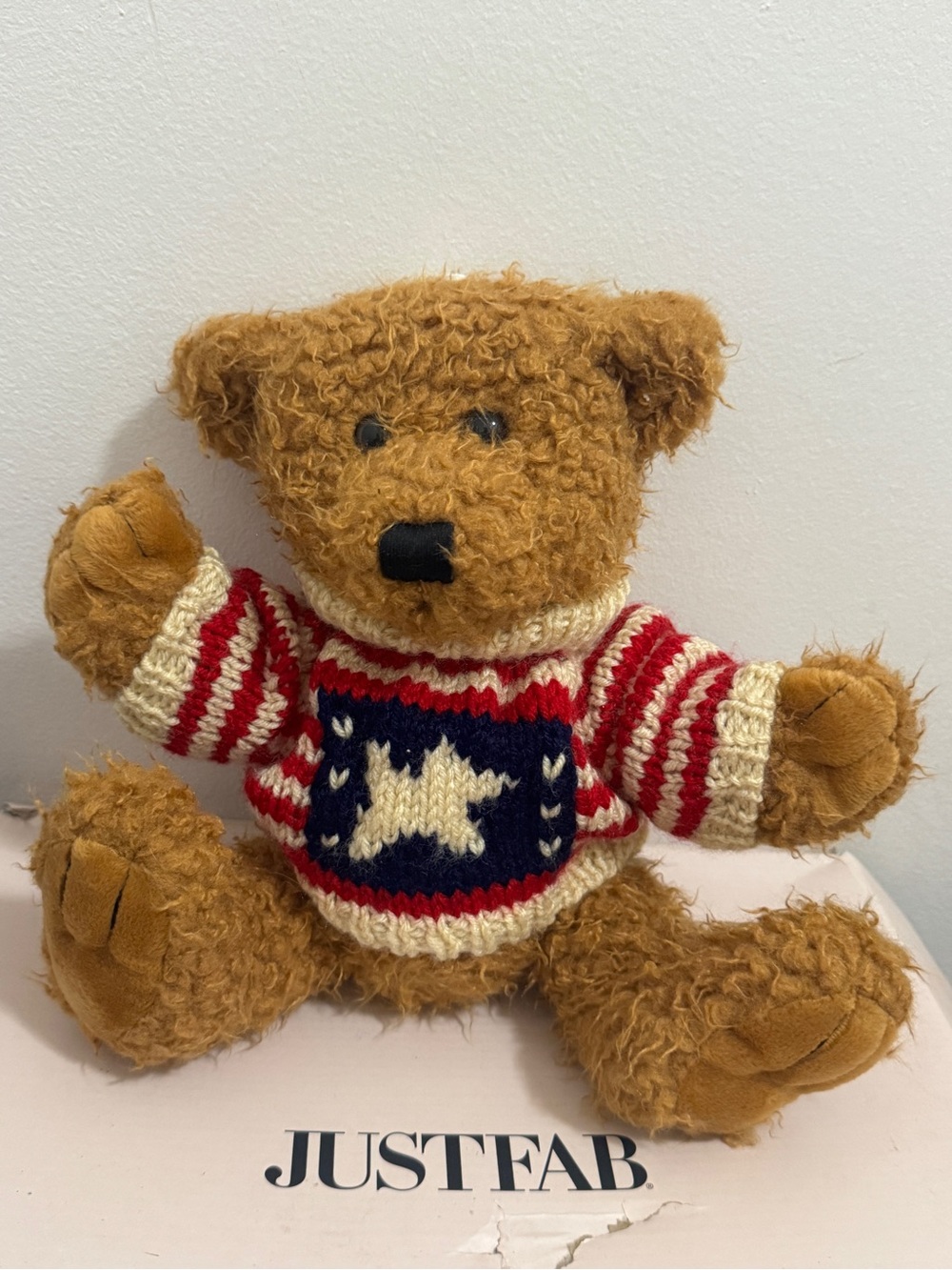 NEW Vintage Brown Teddy Bear Plush 9” Stuffed Animal Red Knit Star Sweater